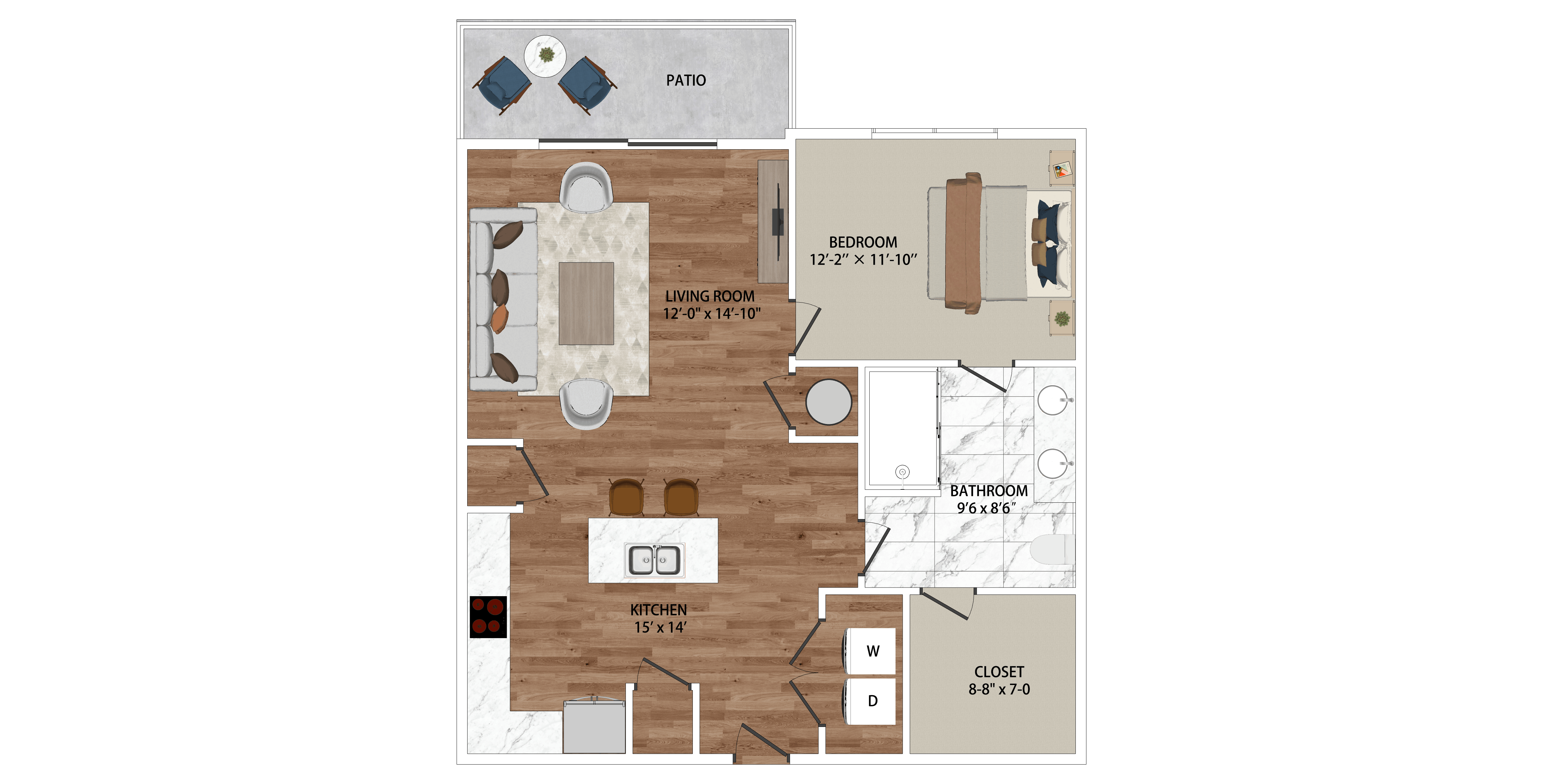 Floor plan for 1 bed, 1 bath, 803 sqft